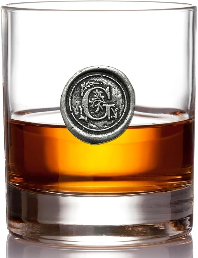 English Pewter Company 11oz Old Fashioned Whiskey Rocks Glass With Monogram Initial - Unique Gifts For Men - Personalized Gifts With Your Choice of Initial (R) MON118 - G