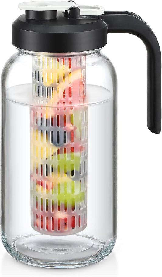 Heavy Duty Mason Jar Fruit Infuser Water Pitcher, Leak-proof Glass Pitcher with Filter Lid, Wide Mouth Glass Jar - 2 Quart