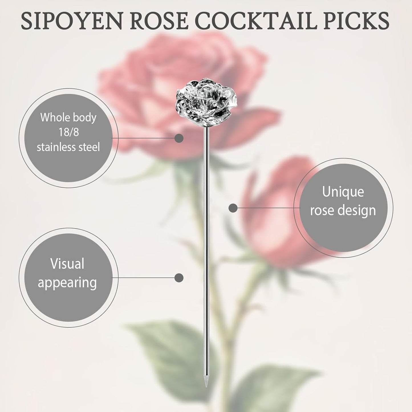 Rose Cocktail Picks for Drinks 4 Inch Stainless Steel Reusable Martini Picks Cocktail Garnish Skewers for Olive, Twist, Berry, Beach Style Decor 6-Piece