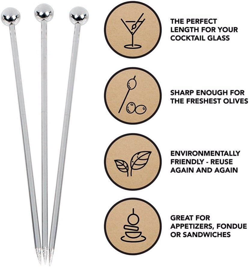 50 Pieces Stainless Steel Cocktail Picks Metal Martini Picks 4.3 inch