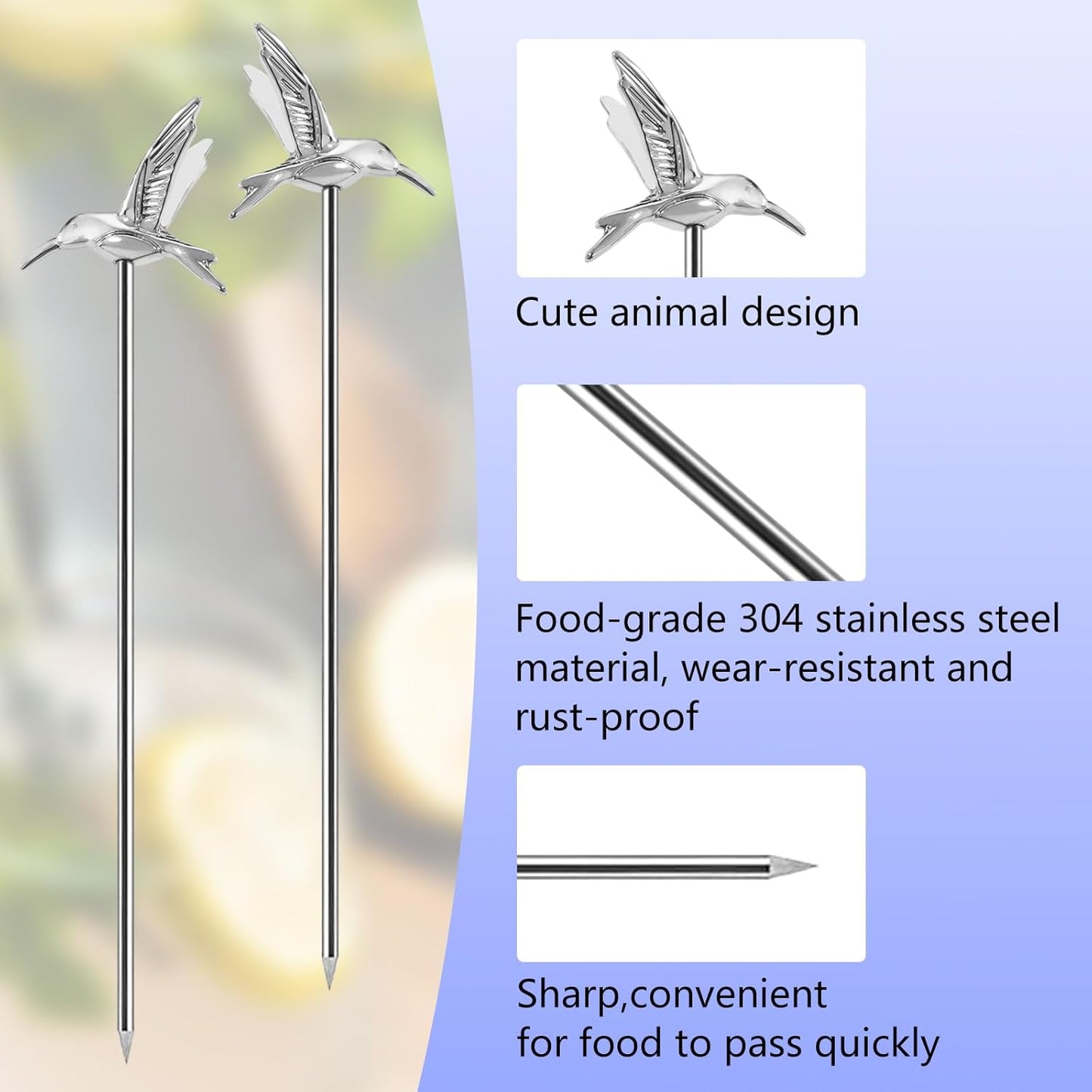 Stainless Steel Greylag Goose Martini Cocktail Picks for Fruit,Cocktail,Party,Wedding Set of 8 (Silver Bird)
