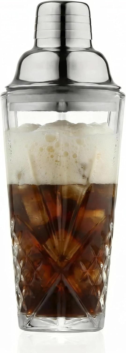 Cut Crystal Cocktail Shaker Set (15oz Lead-Free Crystal Mixer with Stainless Steel Lid & Pour Spout & 4 Recipe Coasters) Premium Bar Tool for Home Bar