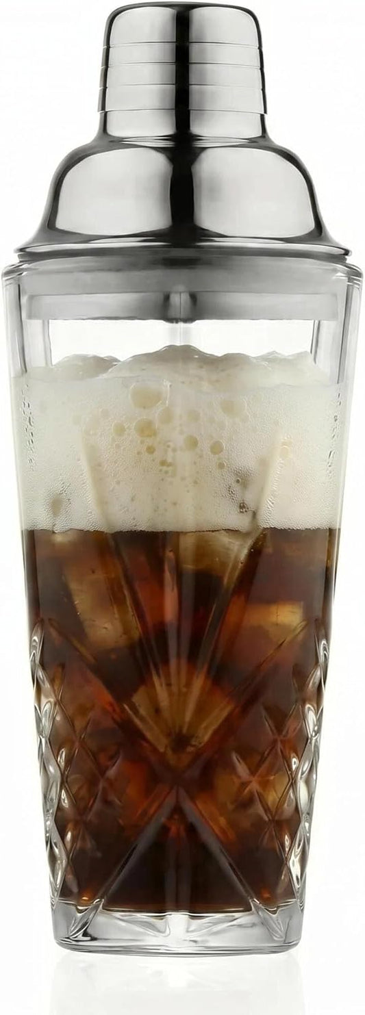Cut Crystal Cocktail Shaker Set (15oz Lead-Free Crystal Mixer with Stainless Steel Lid & Pour Spout & 4 Recipe Coasters) Premium Bar Tool for Home Bar