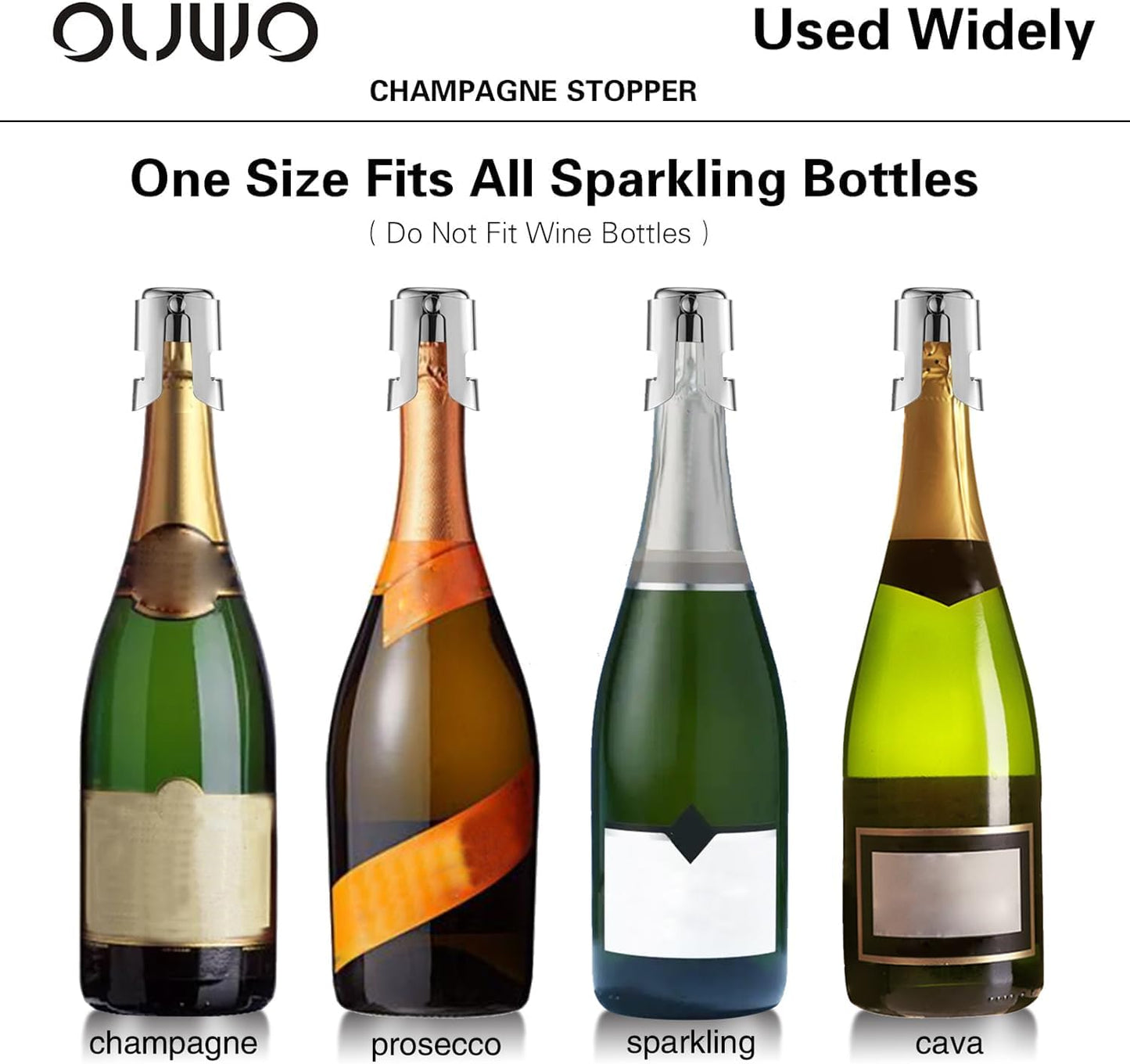 Champagne Stopper 6 Pack Stainless Steel Champagne Save with Food Grade Silicone, Leak-Proof Bubble Retaining Saver, Suitable for Champagne Prosecco Cava and Sparkling (Silver)