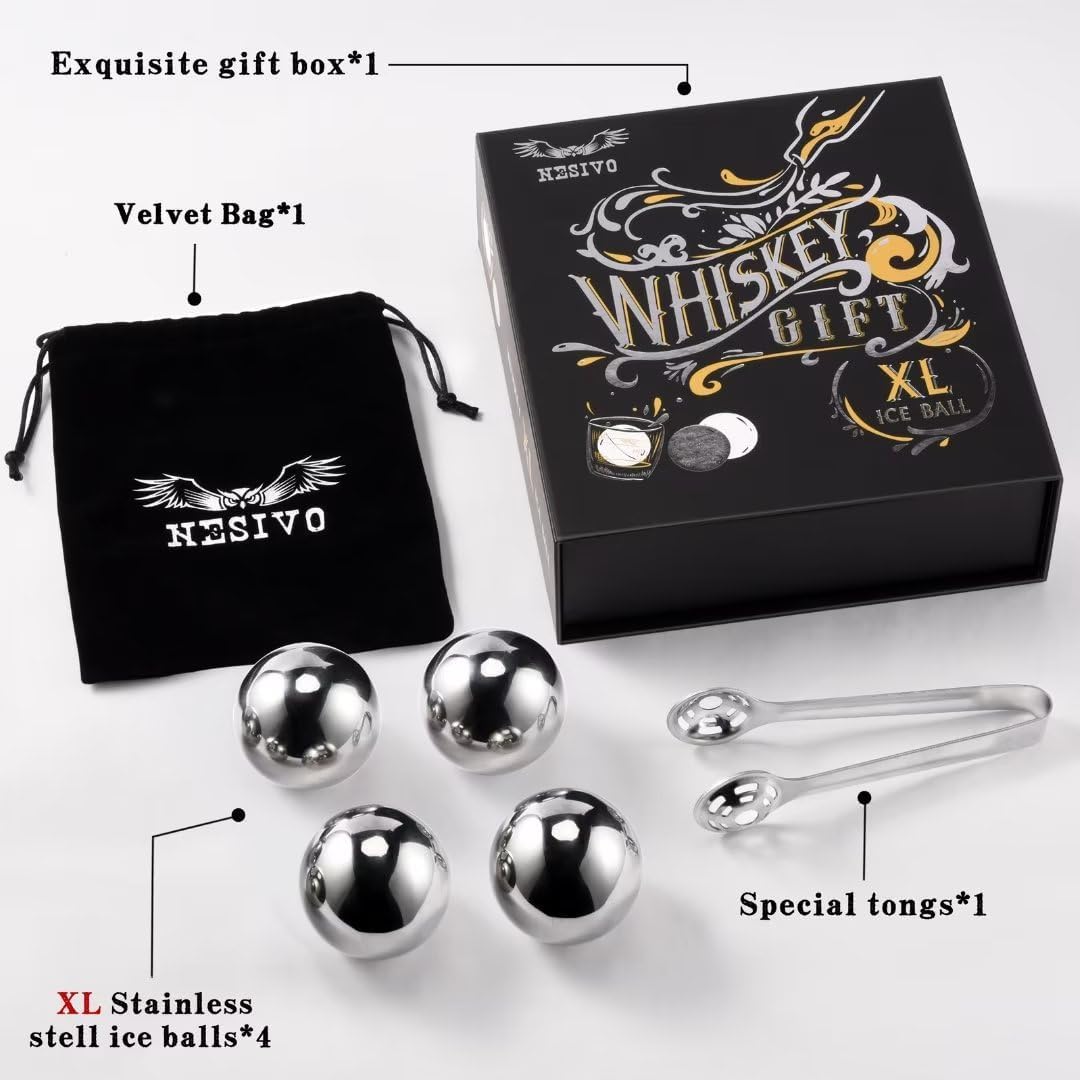 Whiskey Balls Reusable 55mm, Father's Day Bourbon Gifts for Men, Whiskey Ice Stones with Tongs, for Dad Who Has Everything, Anniversary Birthday Gifts for Boyfriend Grandpa Him Husband from Wife