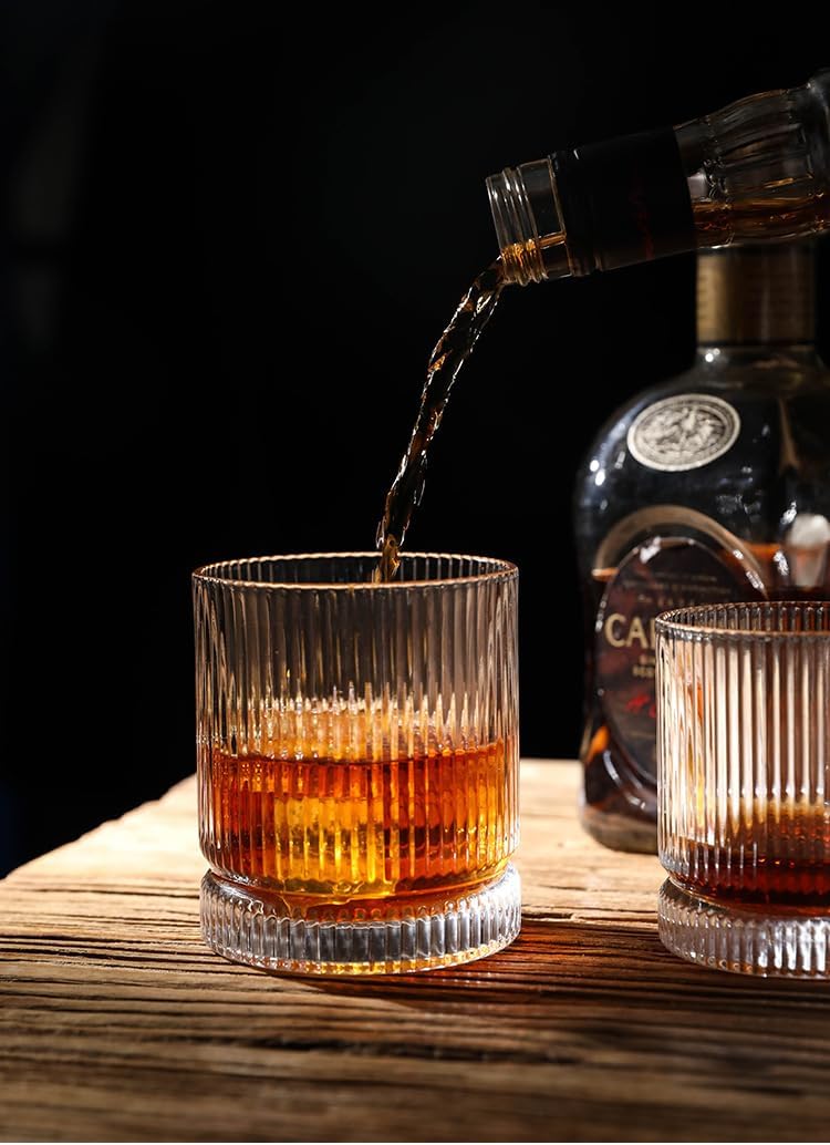 Ribbed Whiskey Glasses Set of 4, 12 Oz Lead-Free Crystal Heavy Base Barware Glass, Perfect for Bourbon Rocks Cocktail Scotch Drinking