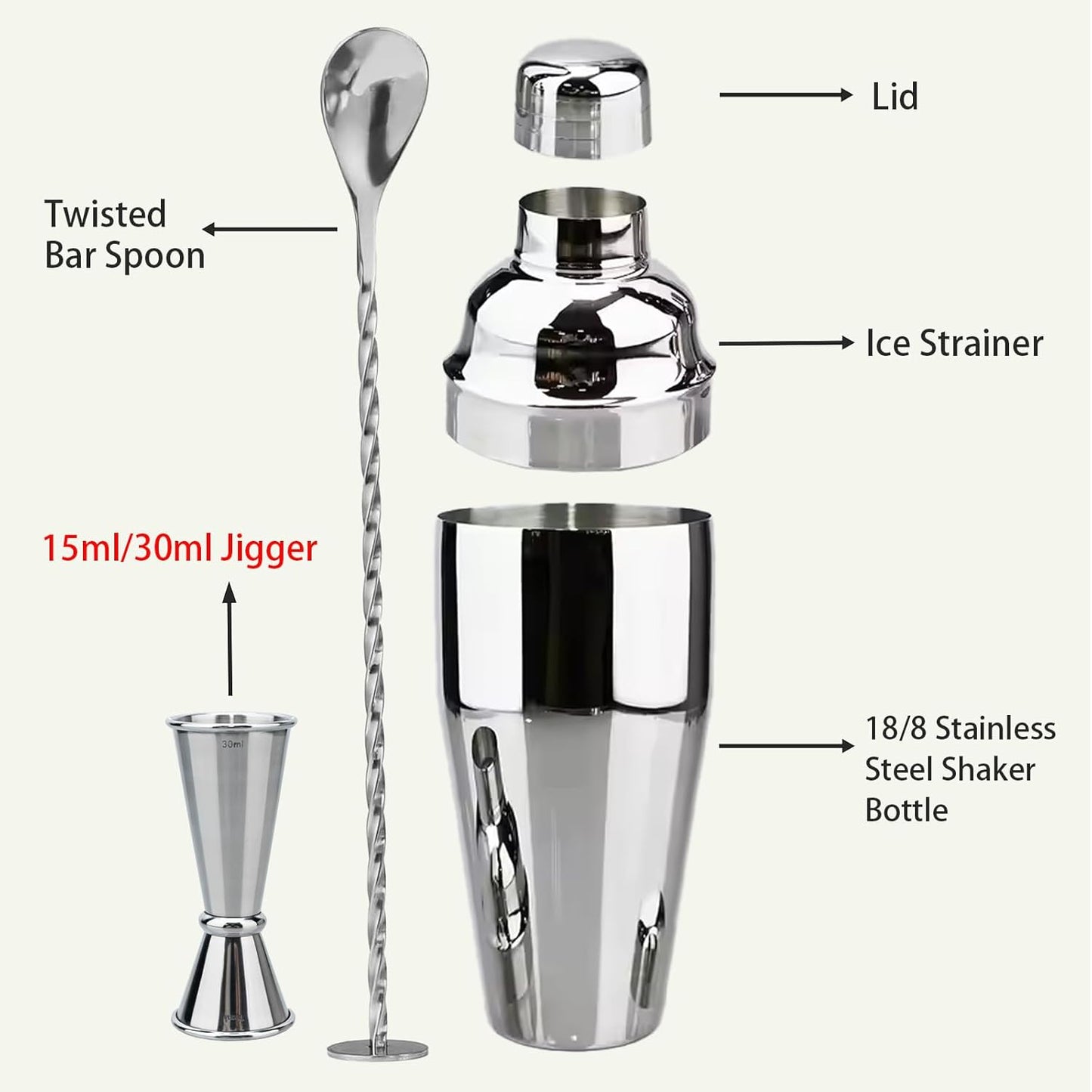 Cocktail Shaker, 24 oz Martini Shaker, Drink Shaker Built-in Strainer, Professional Drink Mixer Set for Beginners, with Measuring Cup and Stirring Spoon, Silver