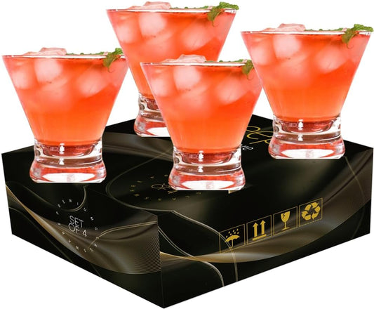 Stemless Martini Glasses Set of 4, 8 oz Martini Cocktail Glasses with Heavy Base, Bar Glasses for Margarita, Manhattan, Cosmopolitan,Parties, Birthdays, Housewarming Gift, Crystal,Clear