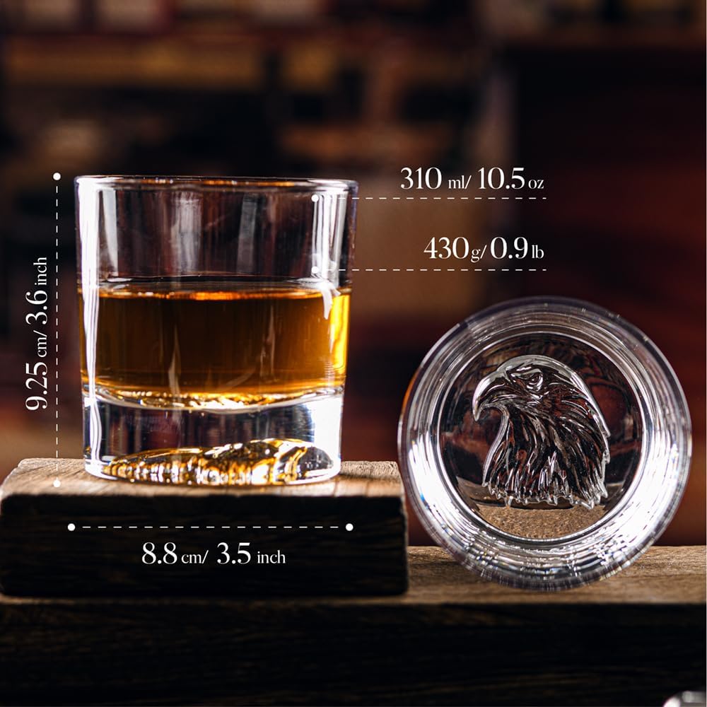 QUEEN&STONE LEAD FREE Old Fashioned Whiskey Glasses with Eagle Pattern On the Thick Weighted Bottom 10oz Set of 4 Perfect for Scotch, Bourbon Cocktails