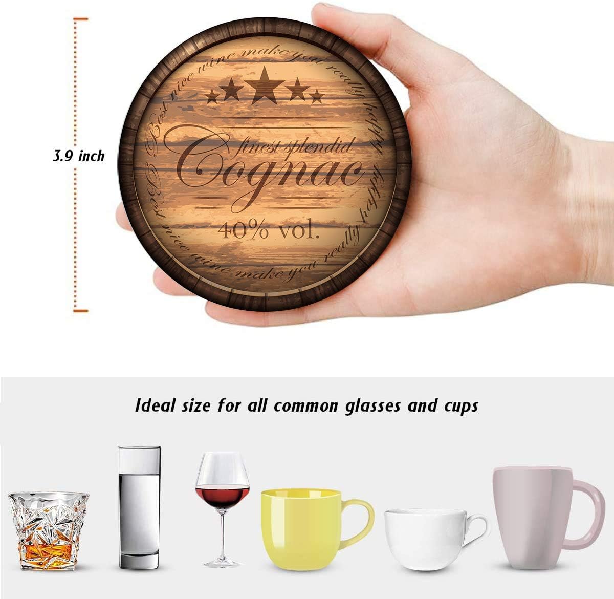 Britimes Set of 6 Coaster for Drinks Absorbent with Cork Base, Metal Holder, Wooden Texture Round Stone Drink Mat for Coffee Wood Table, Gift for Birthday, Farmhouse Housewarming Room Bar Decor