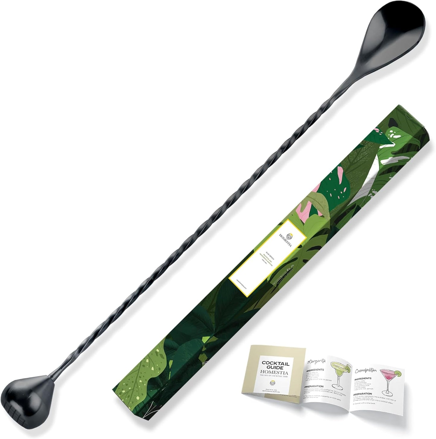 Homestia Bar Mixing Spoon, Muddler 12 Inch (30cm) Bar Spoon with Muddler Tip Cocktail Stirrer - Plated Stainless Steel Cocktail Mixing Spoons for Professionals Stirring (Black)