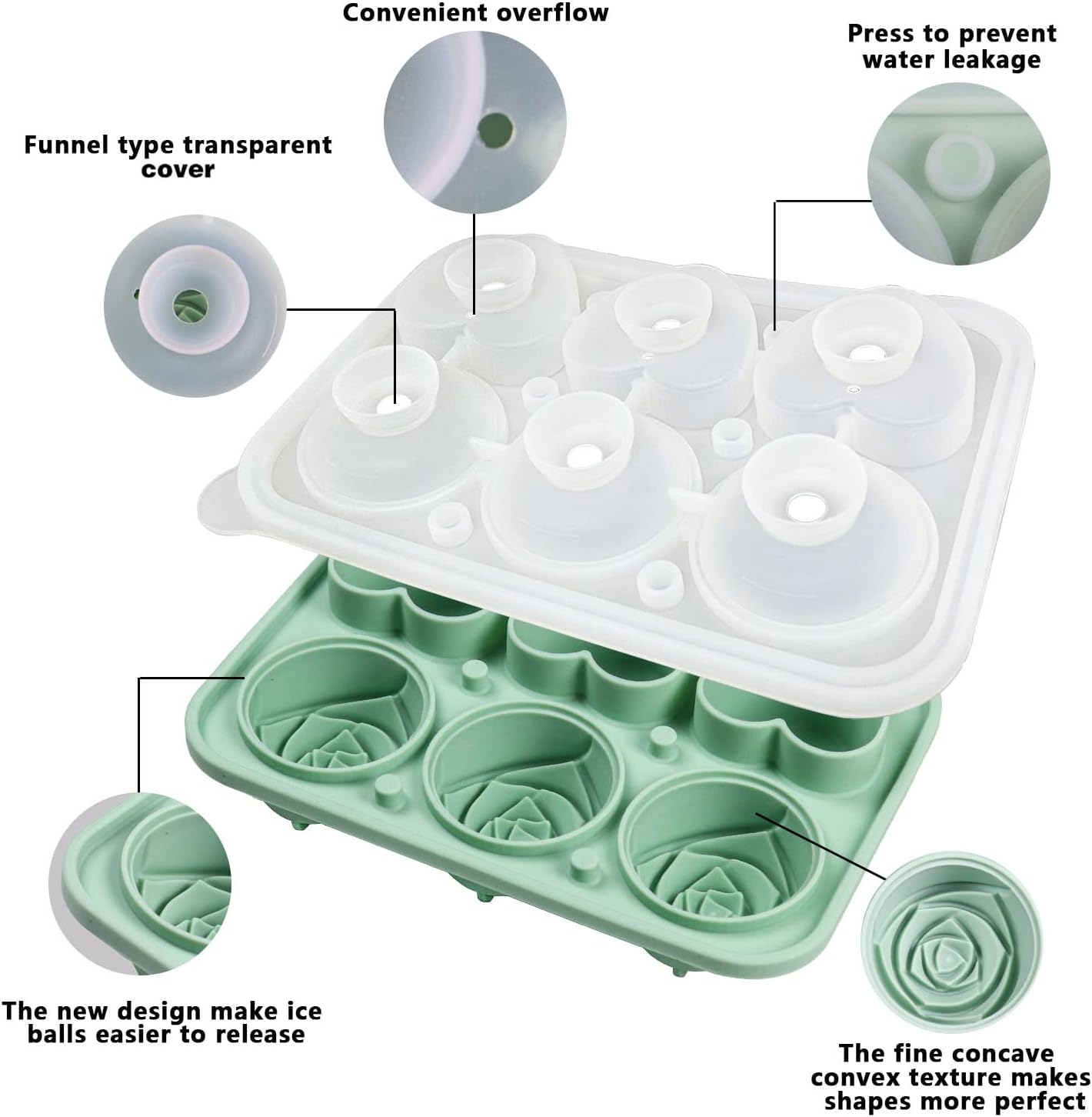 Rose Ice Cube Mold, Heart Shapes Ice Cube Tray, Silicone Ice Mold Fun Shapes with Clear Funnel-type Lid, 3 Heart & 3 Rose Ice Balls for Chilling Whiskey Cocktails Drinks, Pink