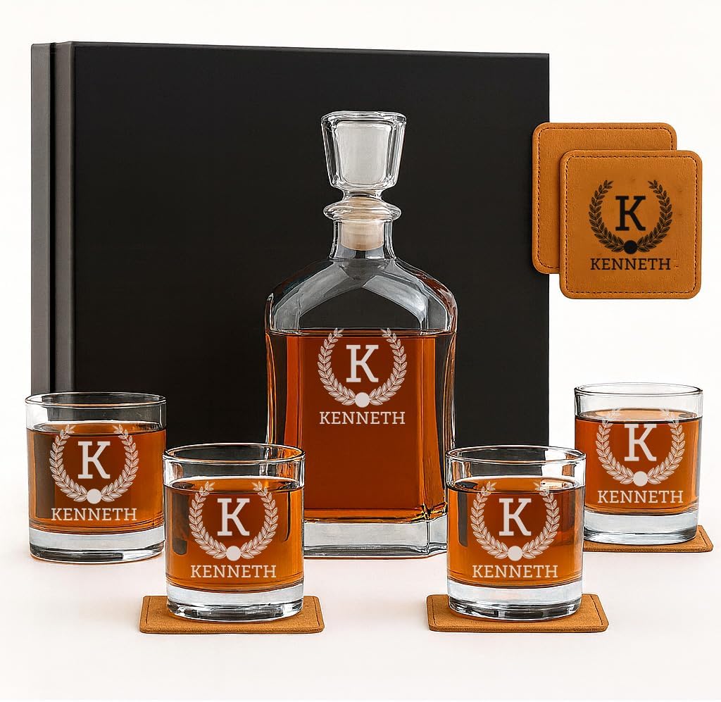 Personalized Whiskey Decanter Set, Whiskey Decanter Sets for Men, Customized Gifts for Men, Whisky Decanter Sets, Bourbon Decanter Set, Engraved Custom Scotch Glasses Liquor Lovers for Christmas