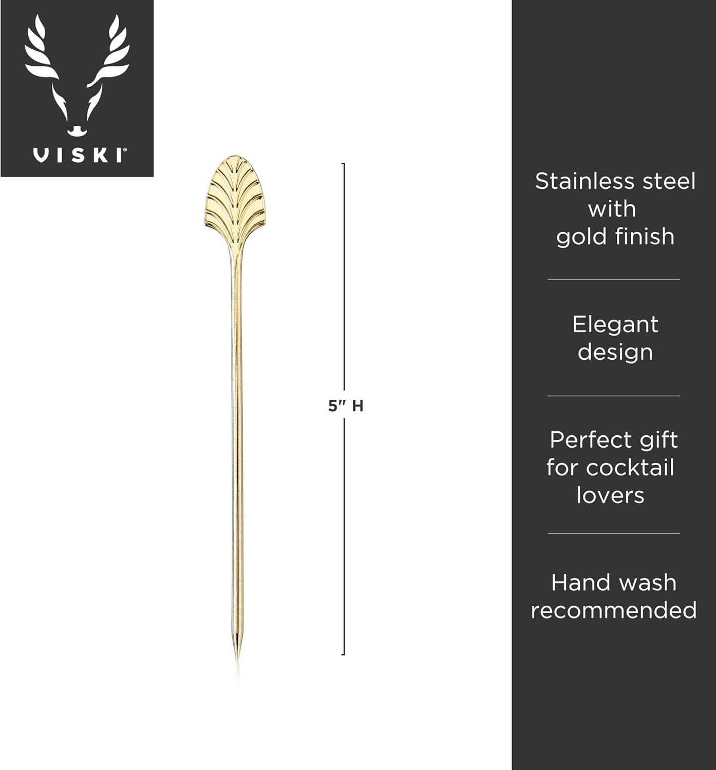 Viski Gold Art Deco Cocktail Picks, Stainless Steel Cocktail Picks for Drinks, Garnish Picks, Cocktail Skewers, Barware Accessories, 5in, Set of 4