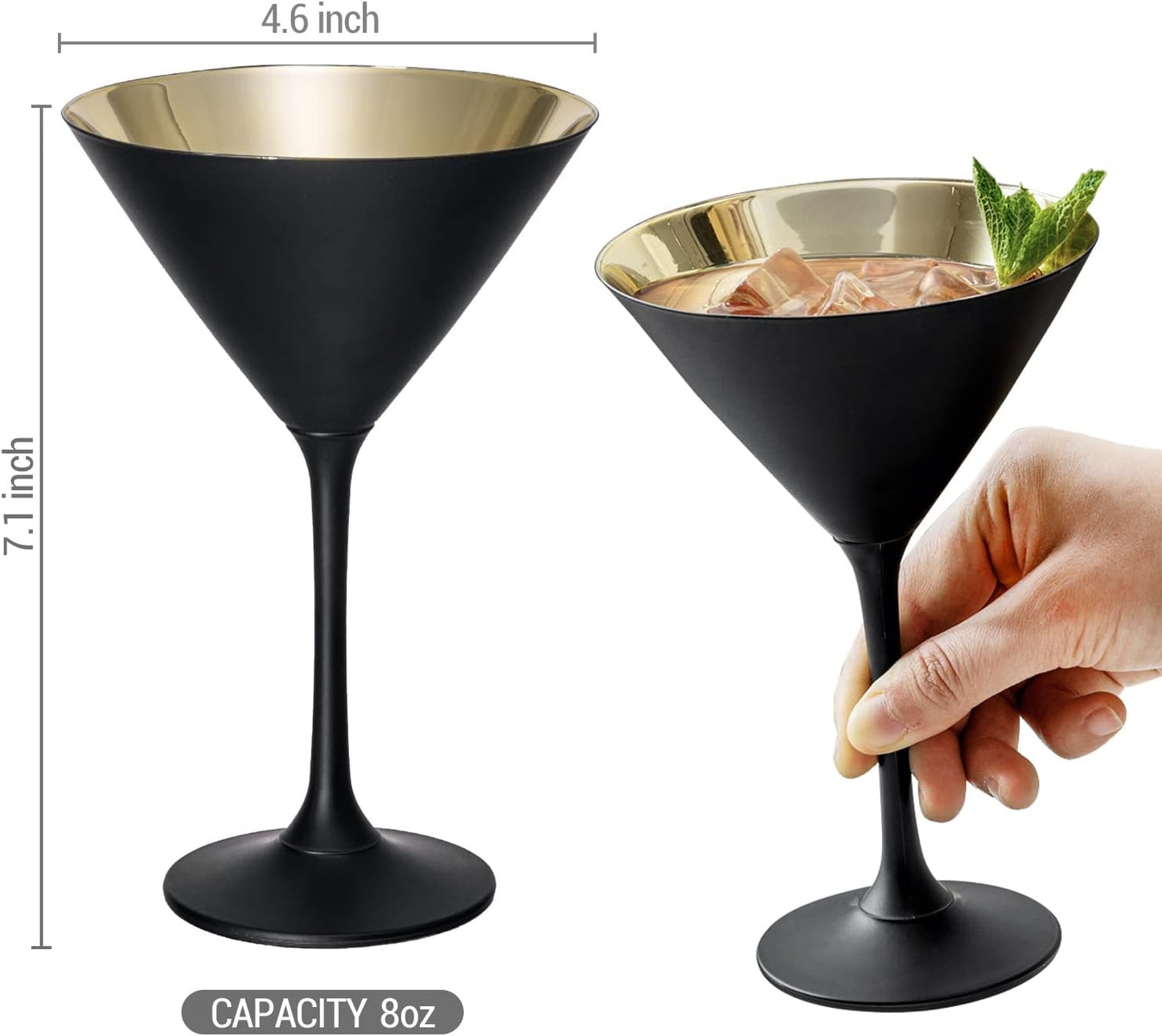 MyGift 8 Ounce Modern Matte Black and Metallic Gold Tone Plated Martini Glasses, Drinking Glass for a Cocktail Party, Wedding, or Anniversary Dinner, Set of 4