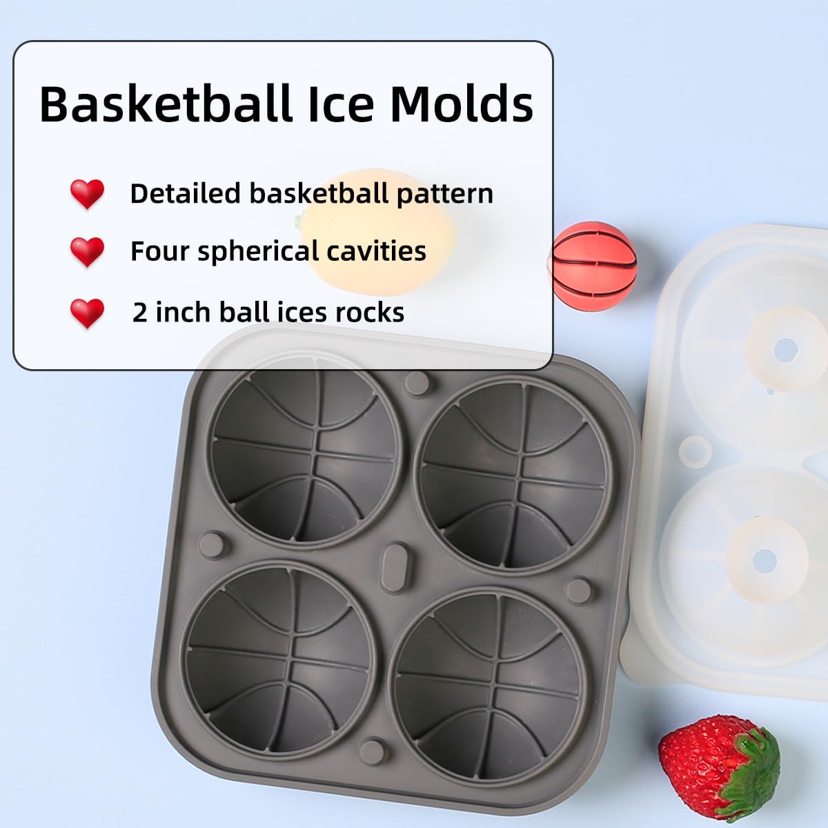 Ice Ball Mold, Large Basketball Shaped Silicone Round Ice Cube Tray with Funnel Lid for Freezer, 4 Cavities Big Sphere Ice Molds for Whiskey/Cocktail/Fruit Drinks/Ice Cream/Wax Melt/Candle