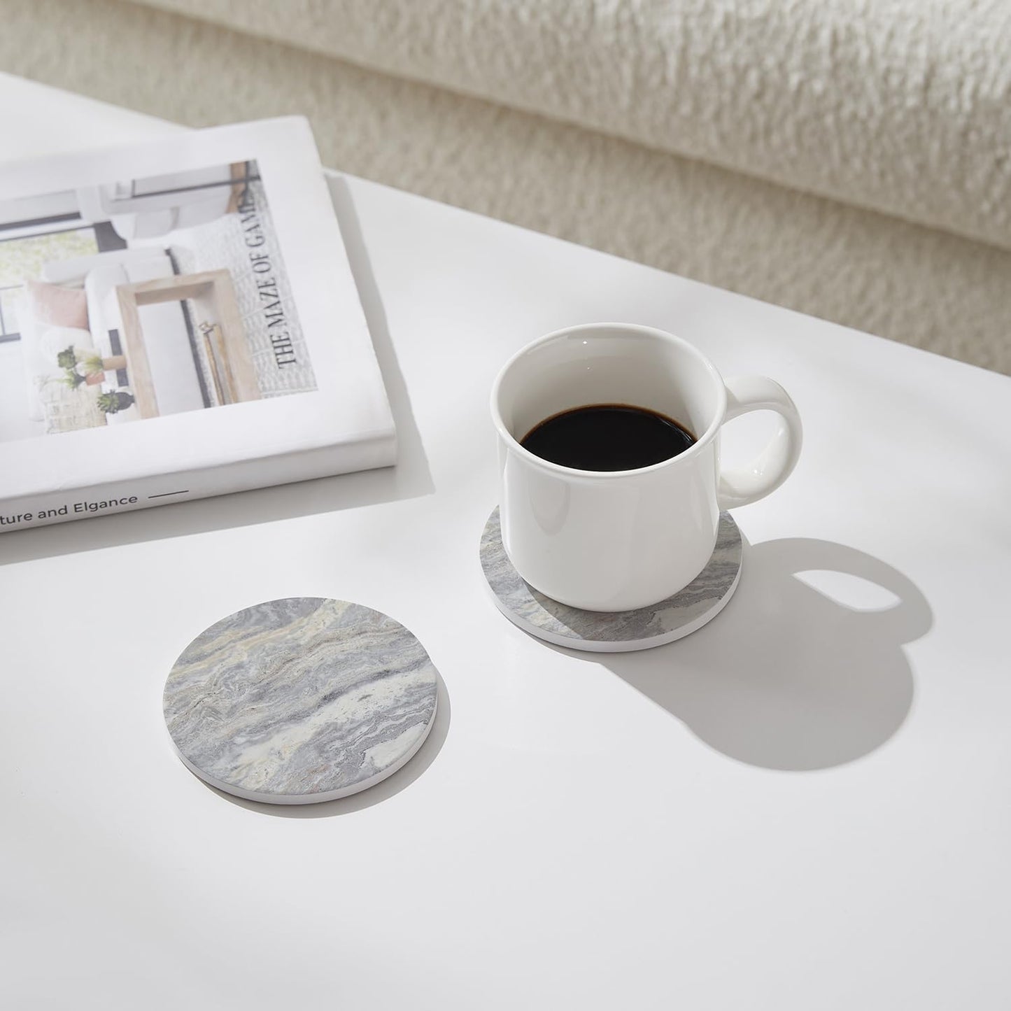 Set of 6 Light Gray Abstract Onyx Marble Coasters with Holder, Absorbent Ceramic Coasters for Drinks, Coasters with Cork Backing for Table Protection, Coffee Table Decor
