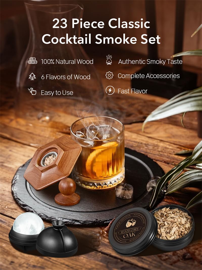 23Pcs Whiskey Smoker Kit with Torch-12 Wood Chips, Ice Ball Mold, Cocktail Smoker Infuser Kit, Old Fashioned Drink Smoker Kit, Birthday Bourbon Whiskey Gifts for Men,Dad,Him, Valentine's Day Gifts