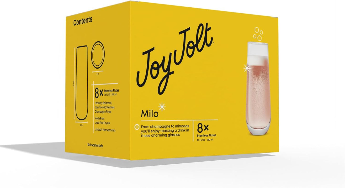 JoyJolt Milo Stemless Champagne Flutes Set of 8 Crystal Glasses. 9.5oz Prosecco Wine Flute, Mimosa Glasses, Cocktail Glass Set, Water Highball Glass, Bar Glassware