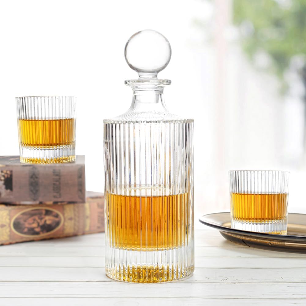 27Oz Whiskey Liquor Decanter Ribbed Set in Box,Decanter Set with 2 Glasses,Idea for Scotch Liquor,Whiskey Wine Decanter Suit for Men and Women Father Coworkers
