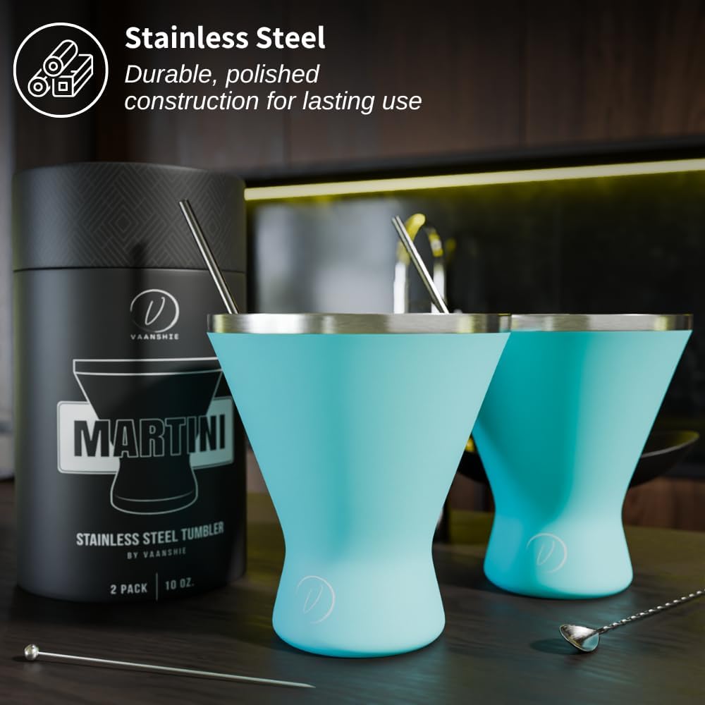 Mother’s Day Gift for Mom – Set of 2 [Blue] Stainless Steel Martini Glasses, Unbreakable Metal Cocktail Glass Set, Unique Gift for Women Wife, 10oz