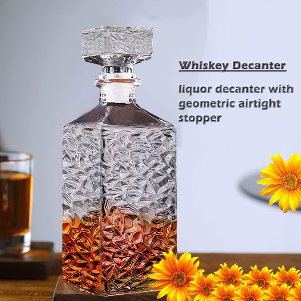 Whiskey Decanter with Airtight Geometric Stopper,32oz Liquor Decanter,Glass Decanter,Diaphanous Liquor Bottle,Decanter with Airtight Lid for Whiskey,Vodka,Bourbon,Scotch,Brandy,Wine