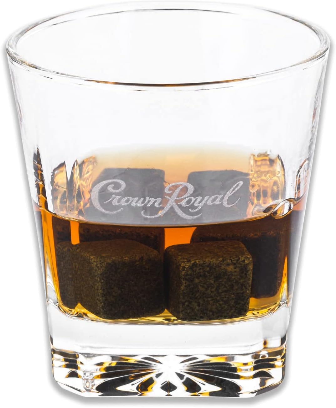 Whiskey Glasses Set of 2 Crown Royal Whiskey Glass and Stone Set 2 Scotch Glasses and 4 Unique Chilling Granite Rocks | Whiskey Stone Gift Set for Men Compatible