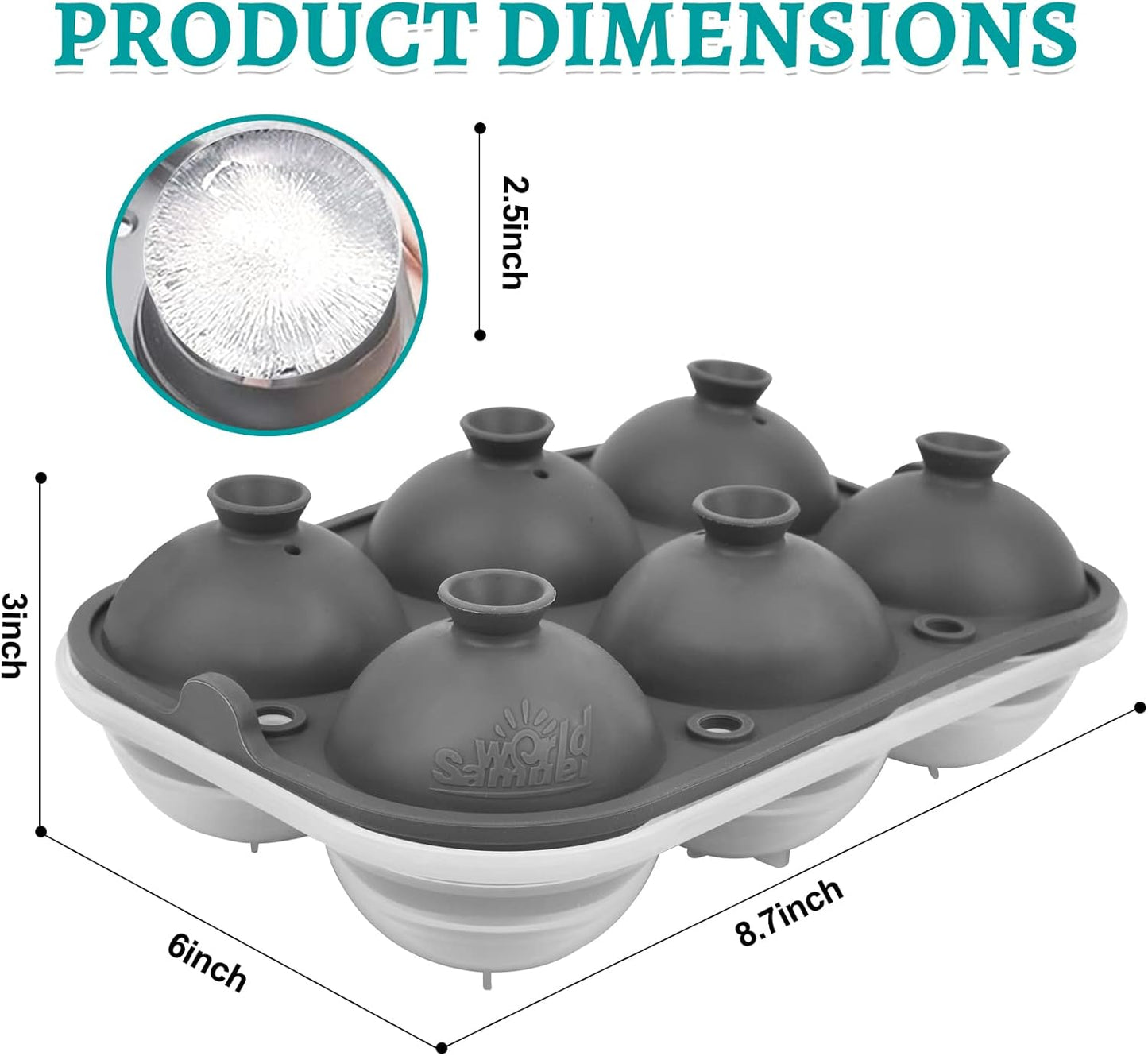 Samuelworld Large Ice Ball Maker with Lid, 6 x 2.5 Inch Ice Balls - Food Grade, Easy To Fill Round Silicone Ice Tray, Perfect Spheres Craft Ice Maker for Whiskey, Cocktails, Gifting - Grey