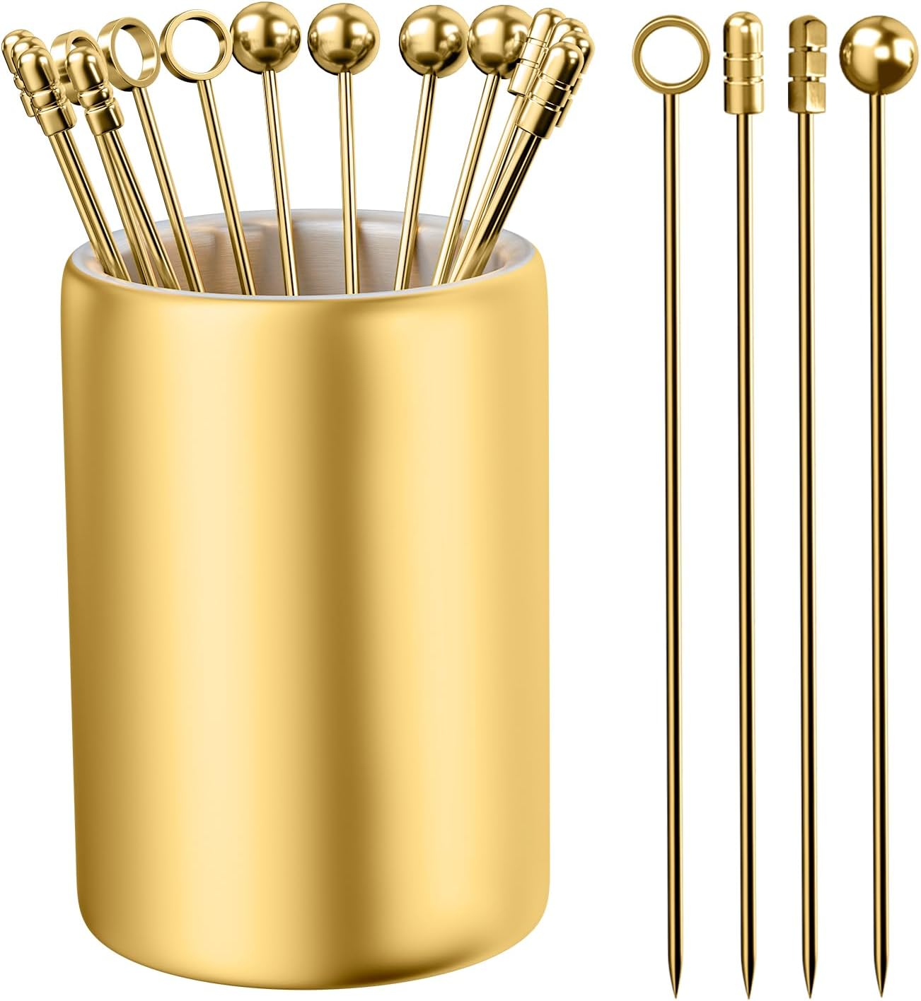 Metal Cocktail Picks 12Pack+Holder Kit, 304 Stainless Steel Toothpicks, Reusable Cocktail Skewers, Garnish Picks Bloody Mary Skewers, Martini Picks for Olives Appetizers Fruit (Mix Gold)