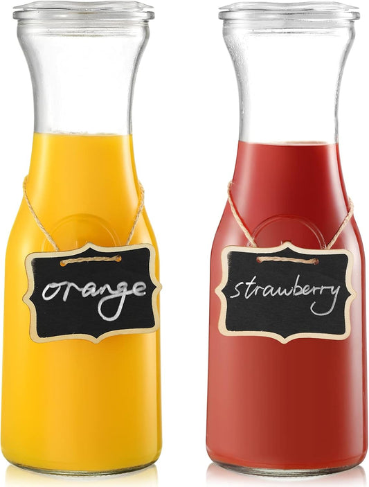 Set of 2 Glass Carafe with Lids, 1 Liter Water Pitcher Carafe for Mimosa Bar, Brunch, Cold Water, Beverage, Wine, Iced Tea, Lemonade - 2 Wooden Chalkboard Tags Included - 2