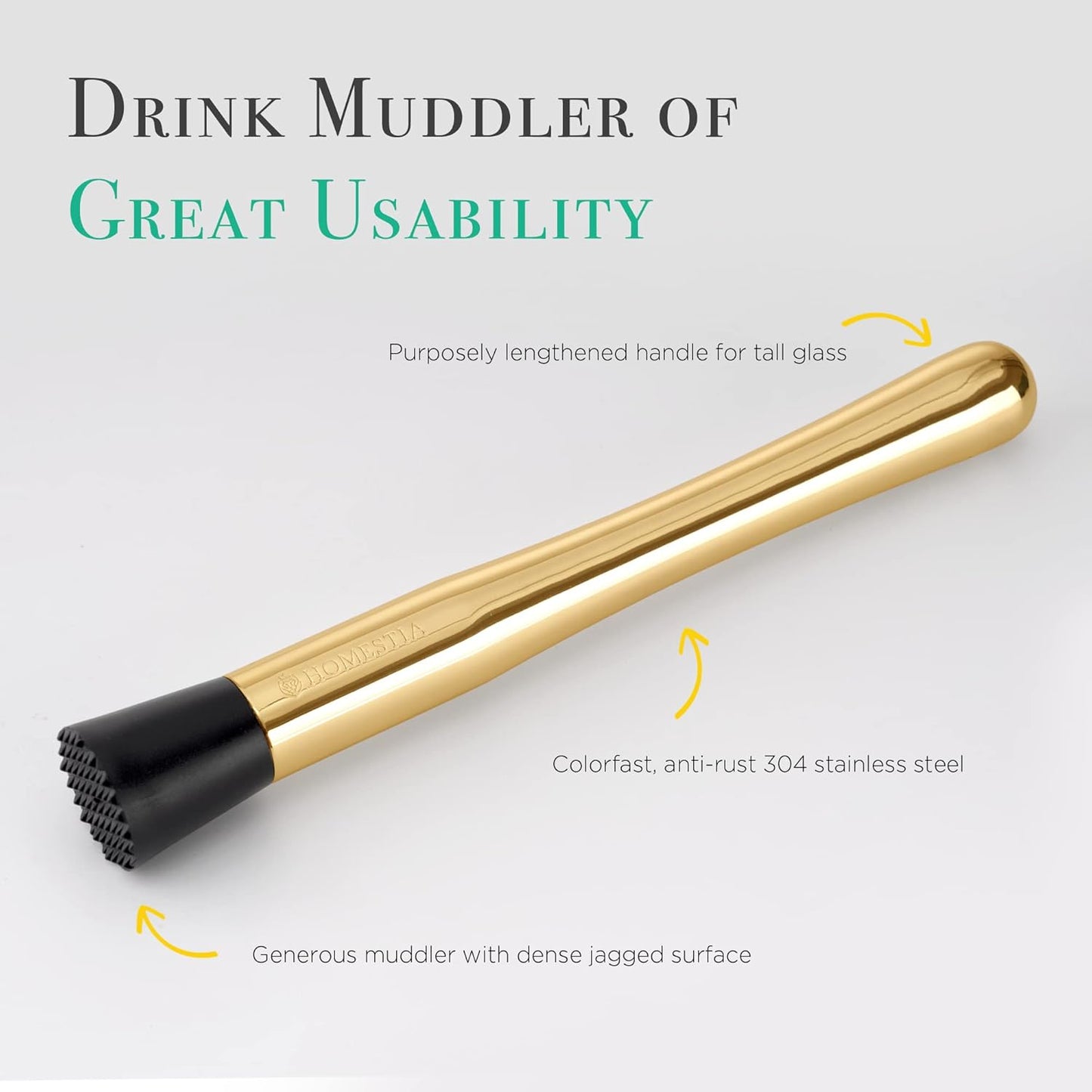 Homestia Gold Muddler for Cocktails - 10 Inch Professional Stainless Steel Muddler - Durable Cocktail Muddler Drink Smasher & Mojito Muddler - Wine Accessories Ideal Valentines Day Gifts for Him