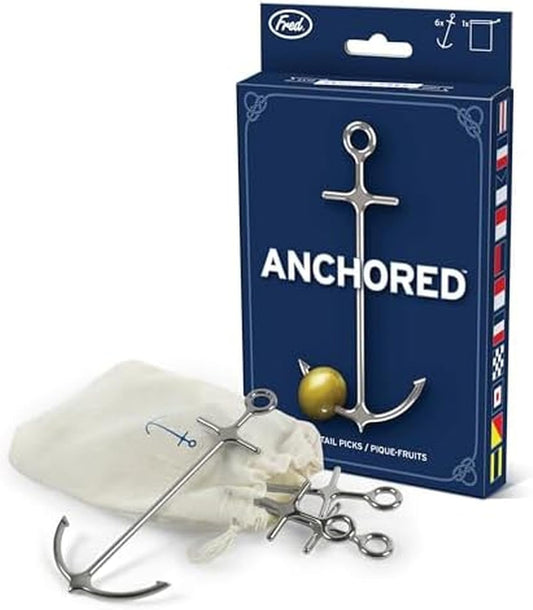 Genuine Fred ANCHORED Cocktail Picks Set of 6 Reusable steel picks for garnishes Muslin bag for easy storage Nautical design