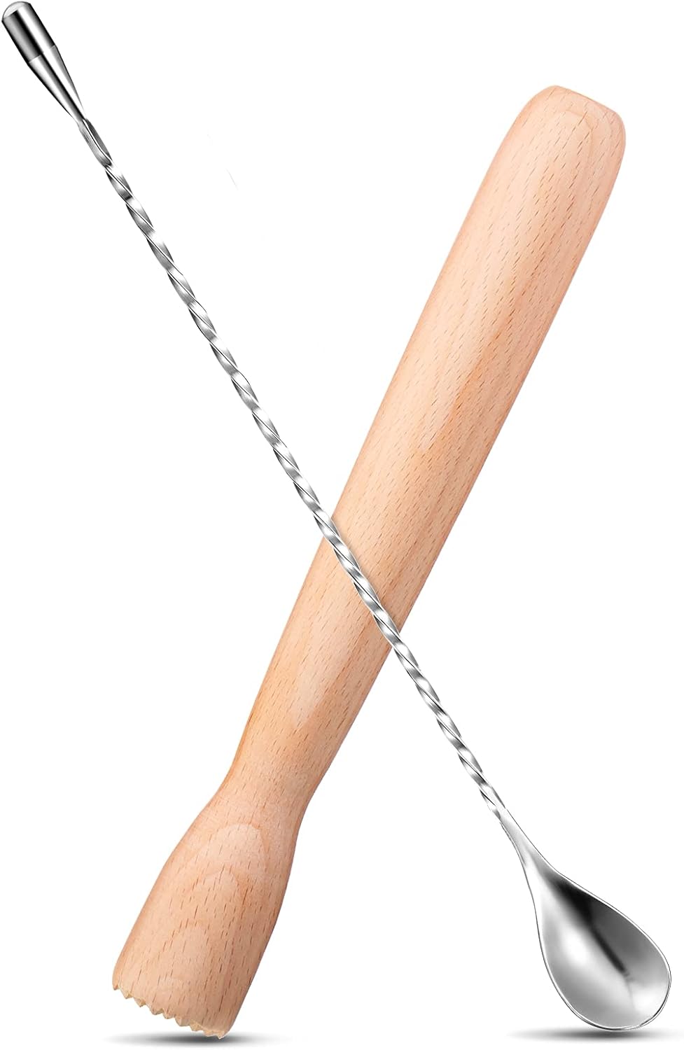 Patelai Wooden Cocktail Drinks Muddler 7.8 Inch Cocktail Muddler and 12 Inches Bar Spoon Stainless Steel Shaker Spiral Mixing Spoon for Making Cocktails Mojito Lemonade Fruit Drinks(Simple Style)