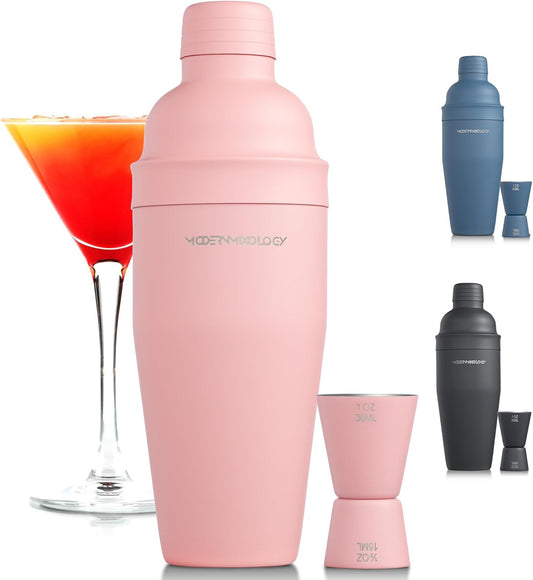 Modern Mixology 24oz Matte Pink Cocktail Shaker Set – Bartender Essentials with Built-In Strainer, Cap, Jigger for Martini, Margarita, Luxury Drink Mixer Kit for Bar, Gift for Men and Women