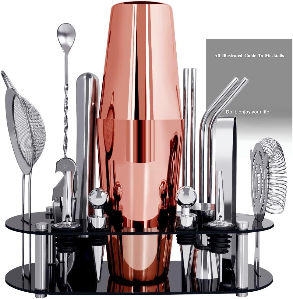 Cocktail Shaker Set Bartender Kit with Stand - 16 Piece Bar Tool Set Drink Mixer Set Includes : Shakers, Jigger, Strainer, Mixer Spoon, Muddler, Liquor Pourers, Straw (Rose Gold-25/20oz)