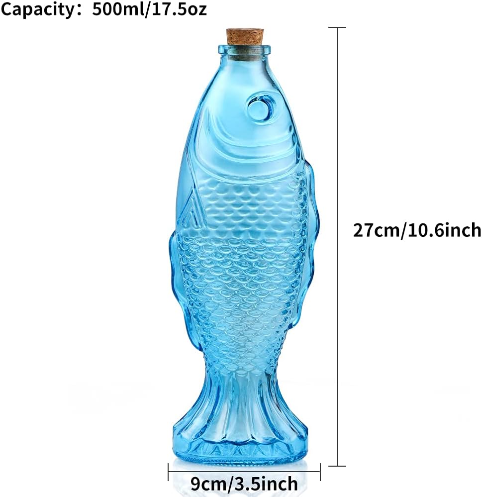 MDLUU 3-Pack Fish Shaped Glass Bottles, Decorative Bottles with Cork Stopper, Fish Decanters for Gift, Bar, Home Decor, Capacity 500ml/17.5oz (Blue)