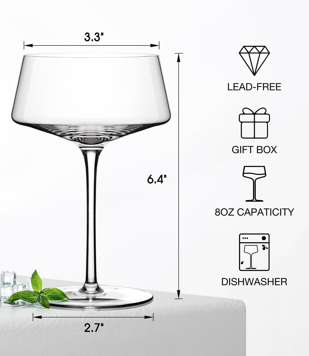LUNA & MANTHA Martini Glasses, Martini Cocktail Glasses for Margarita, Manhattan, Cosmopolitan, Espresso, Home Bar, Evening Parties, Birthdays, Housewarming Gift,Coupe Set of 6 8oz
