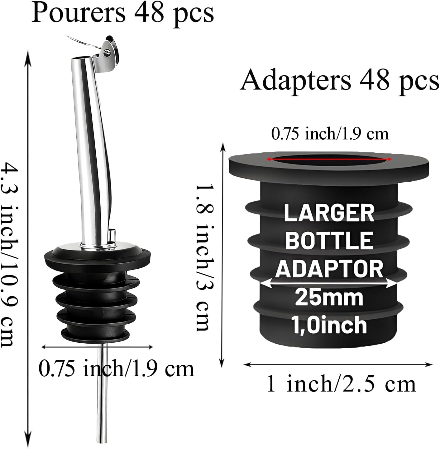 48-Pack Auto Flip Liquor Bottle Pourers with Adapters, Liquor Pour Spout Adapters set for for Large Olive Oil Bottles and Liquor Bottles - Up to 1 Inch/25mm Neck Converts Spout into Large Pour Spout