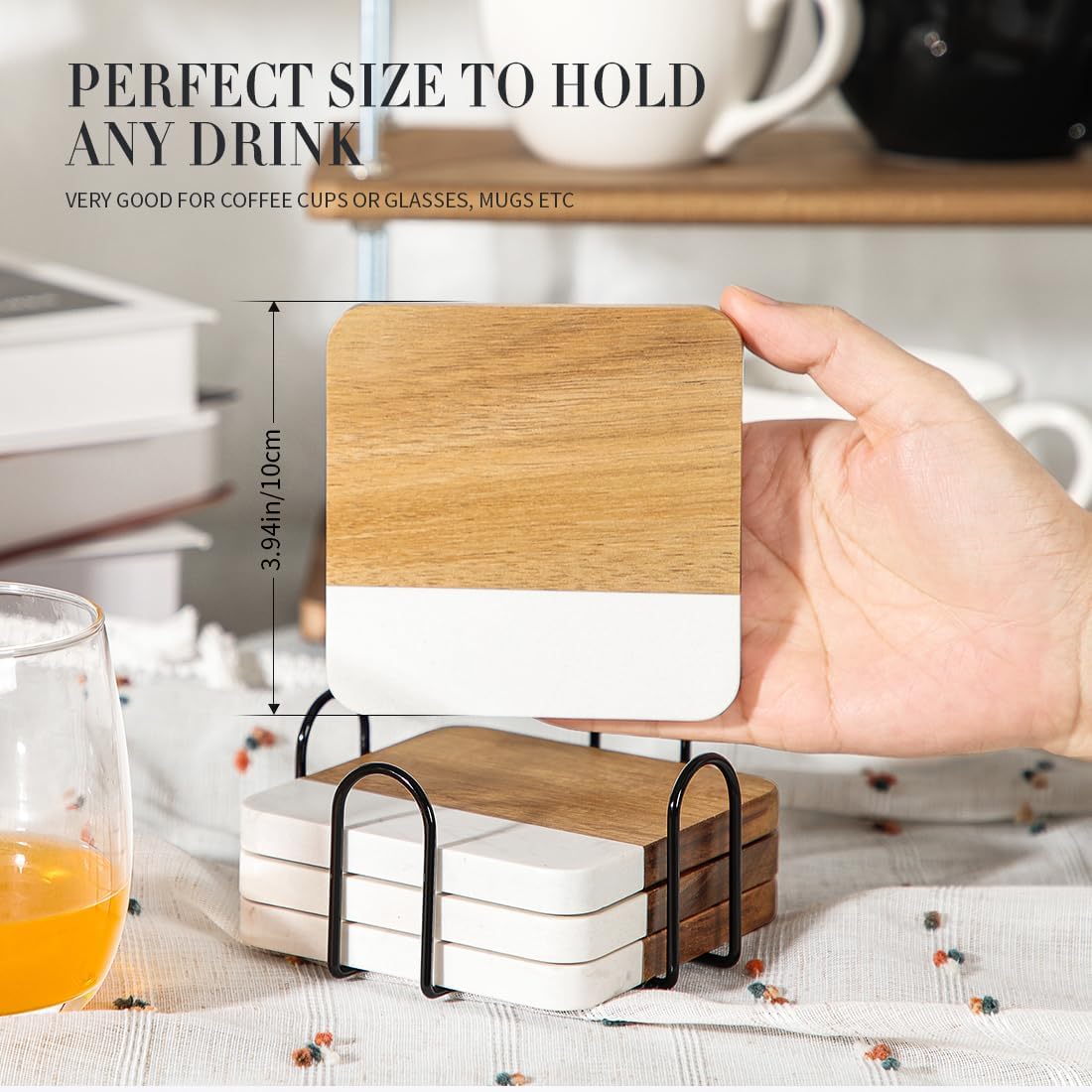 Acacia Wood Marble Coasters for Drinks with Holder Set of 4, Square Non-Slip Wooden Stone Coaster Coffee Table Accessories Manly Coaster for Men Coffee Table, Bar, Office - Rustic Modern Style