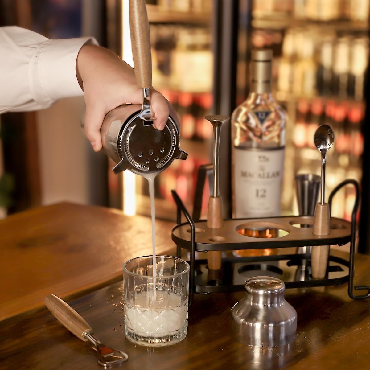 Cocktail Shaker Set with Stand, Mixology Bartender Kit for Drink Mixing | Mixology Set with 7 Bar Set Tools Cocktail Kit