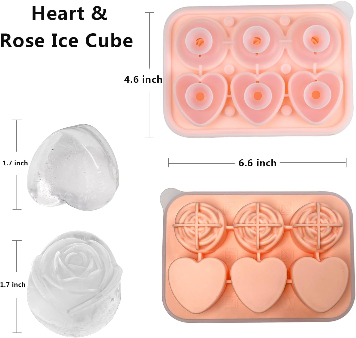 Rose Ice Cube Mold, Heart Shapes Ice Cube Tray, Silicone Ice Mold Fun Shapes with Clear Funnel-type Lid, 3 Heart & 3 Rose Ice Balls for Chilling Whiskey Cocktails Drinks, Pink
