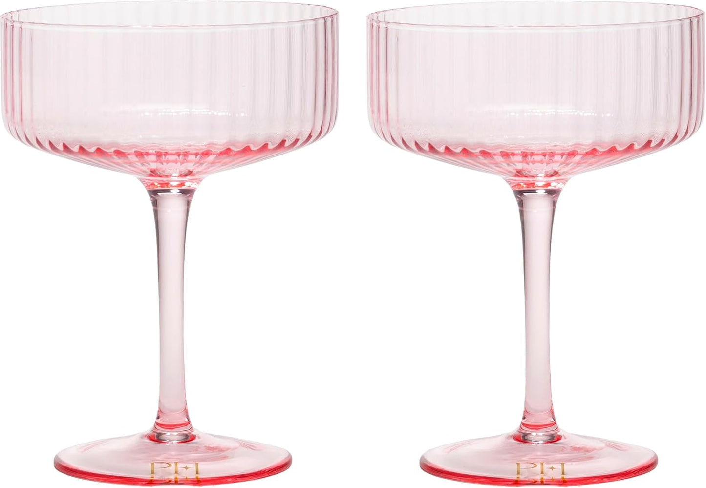 Paris Hilton Ribbed Coupe Cocktail Glass Set, Elegant Fluted Glassware, Perfect for Champagne, Martinis, Wine and More, Set of 2, 10-Ounce, Pink
