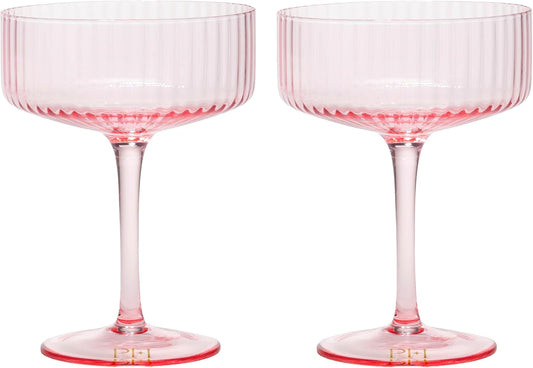 Paris Hilton Ribbed Coupe Cocktail Glass Set, Elegant Fluted Glassware, Perfect for Champagne, Martinis, Wine and More, Set of 2, 10-Ounce, Pink