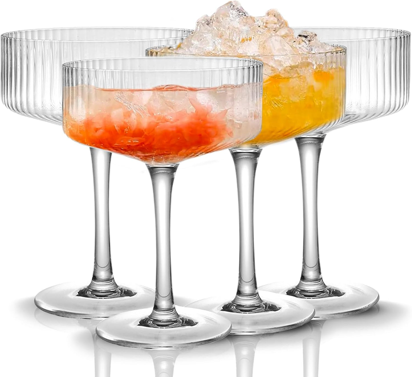 Qipecedm 4 Pcs Ribbed Coupe Glasses, 10 oz Vintage Coupe Glass Set, Unique Martini Glass, Classic Cocktail Galssware, Bar Drinking Glasses Set Pefect for Cocktail, Wine, Champagne & Gift