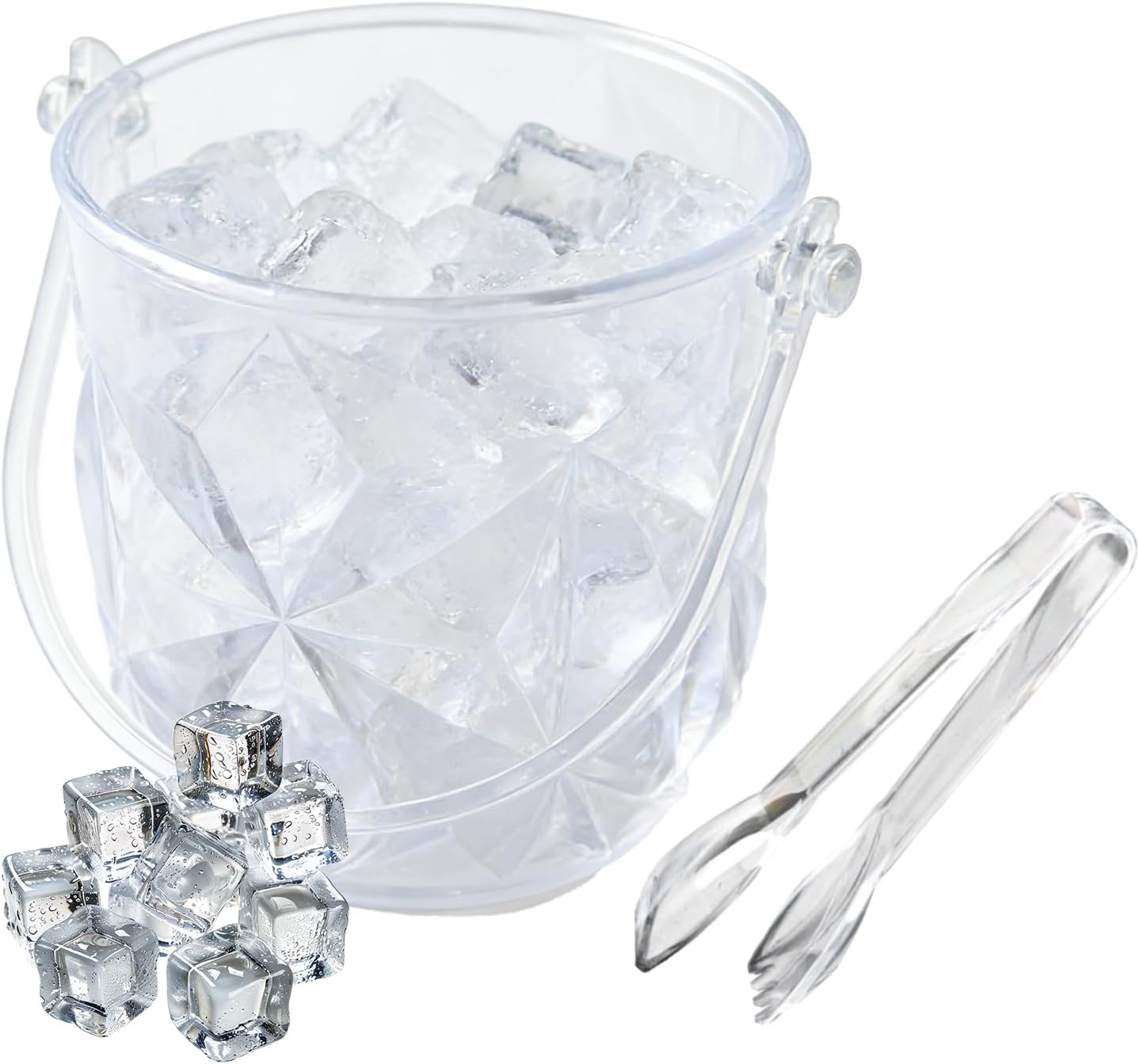 Crystal Ice Bucket with Handle & Tongs-1.1 L Plastic Clear Champagne Ice Buckets for Parties, Beer, Wine, Drinks, Cocktails,-Soda, Mimosa Bar Supplies (Style-D, 37 oz (1.1 L))