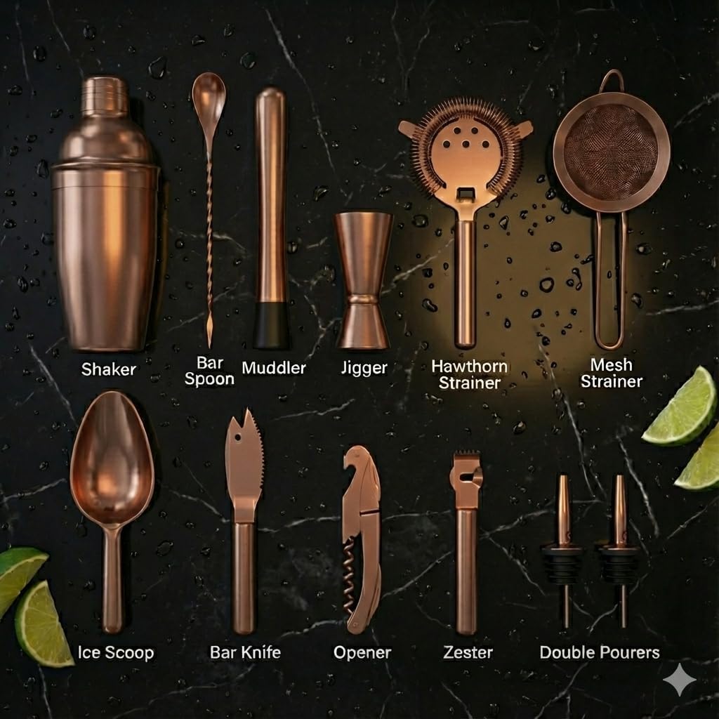 Highball & Chaser 13-Piece Cobbler Cocktail Shaker Set Matte Copper Stainless Steel Bartender Kit For Home Bar Cocktail Set Laser Engraved Cocktail Tools Plus E-Book with 30 Different Cocktail Recipes