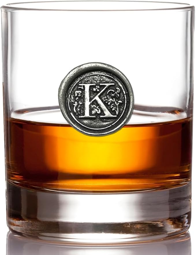 English Pewter Company 11oz Old Fashioned Whiskey Rocks Glass With Monogram Initial - Unique Gifts For Men - Personalized Gifts With Your Choice of Initial (R) MON118 - K