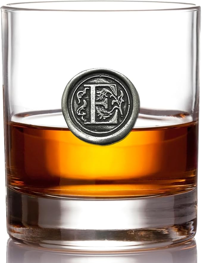 English Pewter Company 11oz Old Fashioned Whiskey Rocks Glass With Monogram Initial - Unique Gifts For Men - Personalized Gifts With Your Choice of Initial (R) MON118 - E