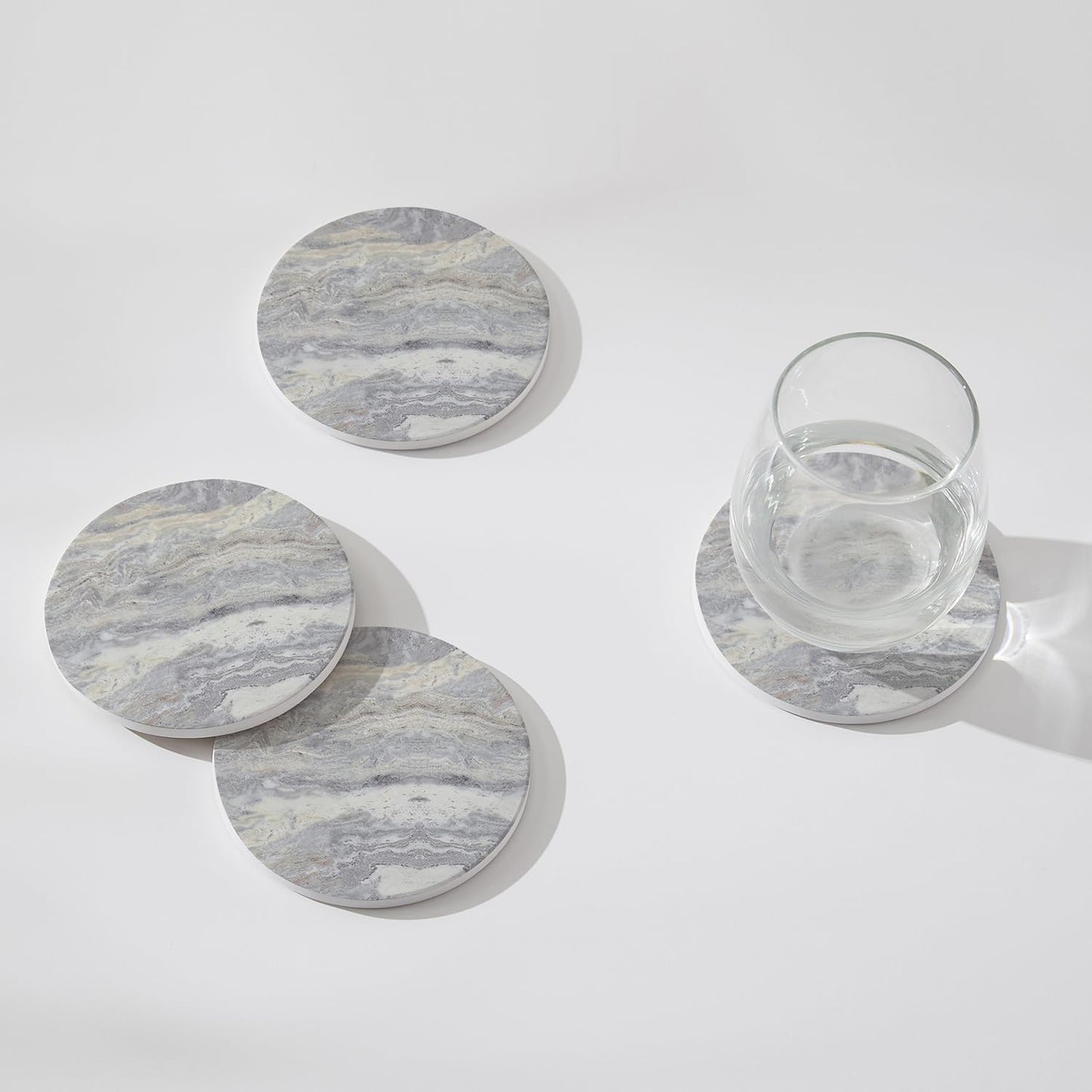 Set of 6 Light Gray Abstract Onyx Marble Coasters with Holder, Absorbent Ceramic Coasters for Drinks, Coasters with Cork Backing for Table Protection, Coffee Table Decor