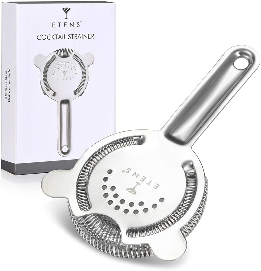 Etens Cocktail Strainer for Drinks, Bar Strainers for Bartending, Martini Strainer for Boston Shaker Mixing Glass, Bartender Hawthorne Strainer w/Removable Spring– Stainless Steel, Silver